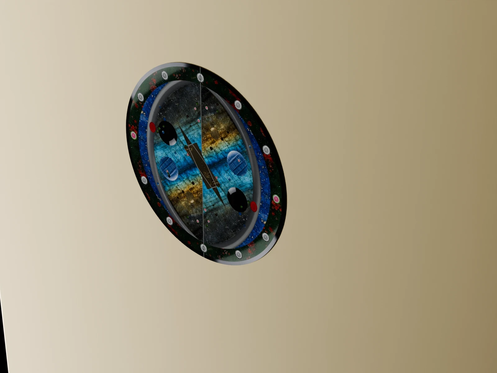 Macro of the ñü.isheru: black and white labradorite, a lapis crescent, a bloodstone ring with tourmaline markers, kyanite and onyx points, set into brushed brass
